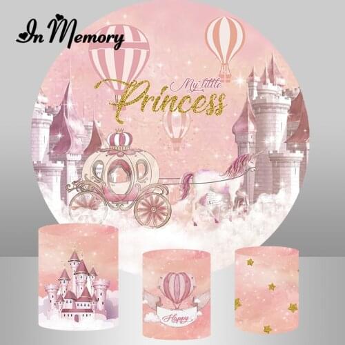 Pink Princess Girl Birthday Party Round Backdrop Cover Castle Hot Air Balloon Carriage Photography Background Custom Photocall