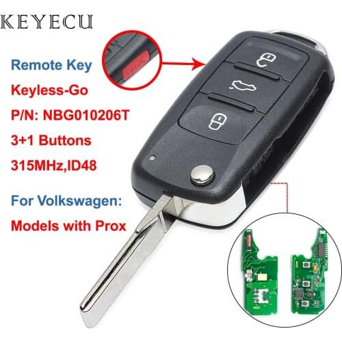 Keyecu Keyless-Go Remote Key 3+1 Buttons 315MHz for Volkswagen 2011 2012 2013 2014 2015 2016 2017 (Models with Prox) NBG010206T