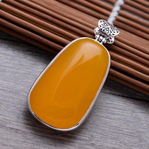 MetJakt 925 Sterling Silver Hand Carved Lotus & Natural Yellow Chalcedony Pendant for Womens Sweater Chain Luxury Jewelry