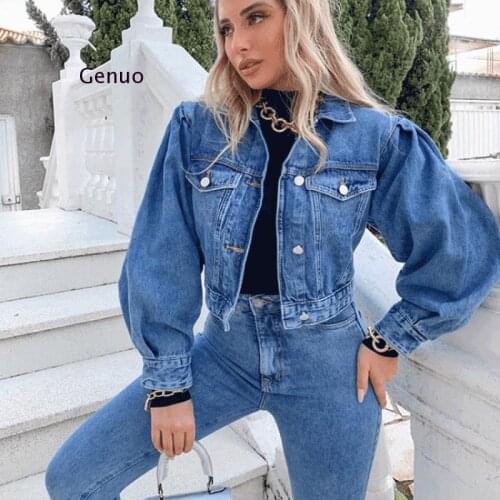 Autumn Women Sexy Cropped Denim Jackets Vintage Long Sleeve Short Jean Jacket Puff Sleeve Winter Female Coat Streetwear