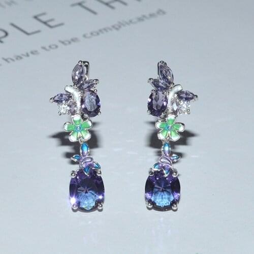 Cute FlowerS 925 Silver Filled Butterfly Earring Purple CZ Drop Earrings for Women Girls Jewellery Gift Orecchini Aros