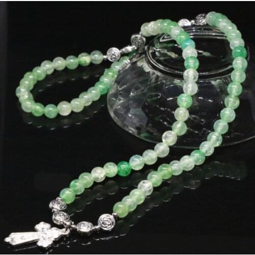 New arrival stretch multilayer bracelet natural apple green popcorn agat onyx stone 6mm round beads cross pendant jewelry B2201