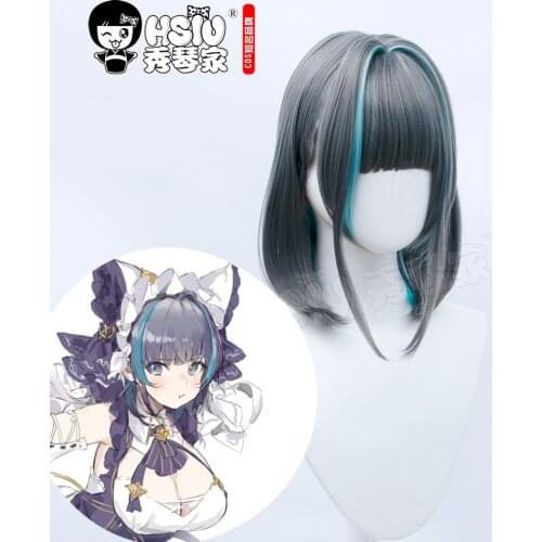 「HSIU Brand」Game Azur Lane cosplay HMS Cheshire Wig Dark gray mixed lake blue short hair Fiber synthetic wig+ Free brand wig cap