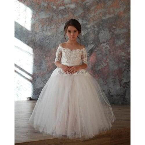 Custom Made Princess Dress Half Sleeve Lace Flower Girls Dress Girls White Ivory Dresses Elegant Gowns