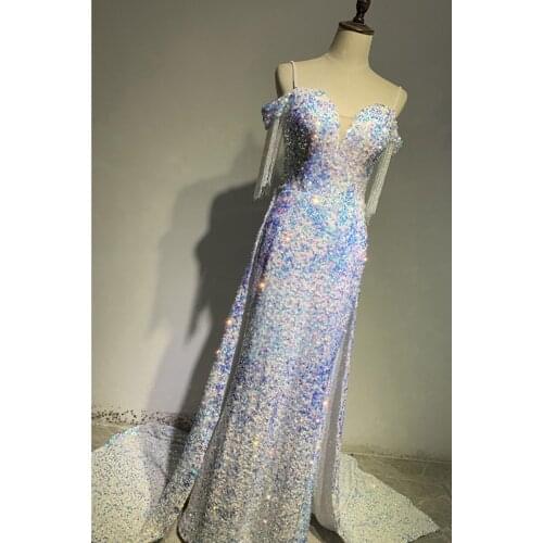 Sequins Eveing Dresses 2020 Long Mermaid White Sweatheart Dressing Gown For Girls Beading Off Shoulder Sweep Train robe LE40769