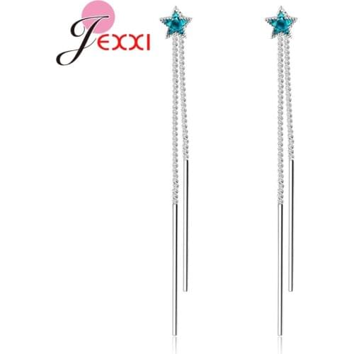 New Arrival Authentic 925 Sterling Silver Exquisite Blue Stars Long Thread Earrings for Women Girls Party Jewelry Bijoux