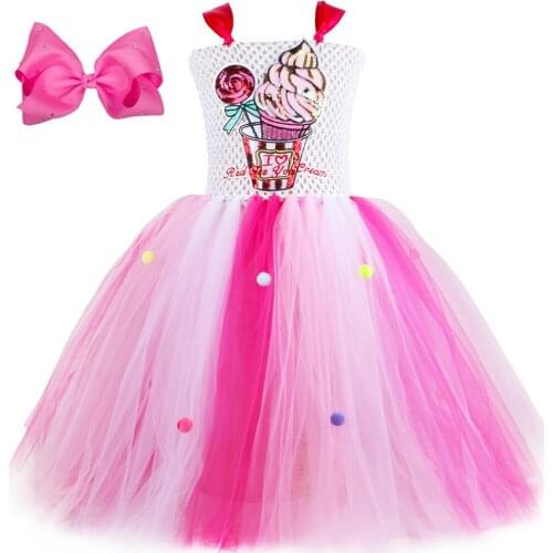 Girls Ice Cream Candy Tutu Dress with Hair Bow Pink Girl Birthday Party Tulle Princess Dress Gown Kid Halloween Carnival Costume