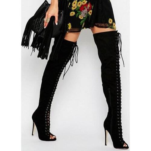 Spring New Fashion Women Open Toe Black Suede Leather Lace-up Over Knee Gladiator Boots Cut-out High Heel Long Dress Boots Sexy