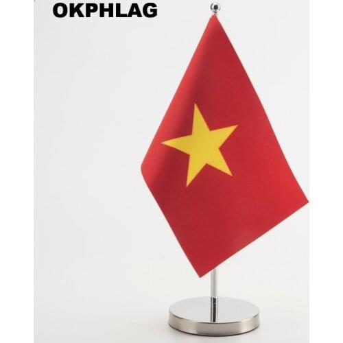 Vietnam office table Flag with Stainless flagpole base country banners desk flag 14*21CM KS-0212