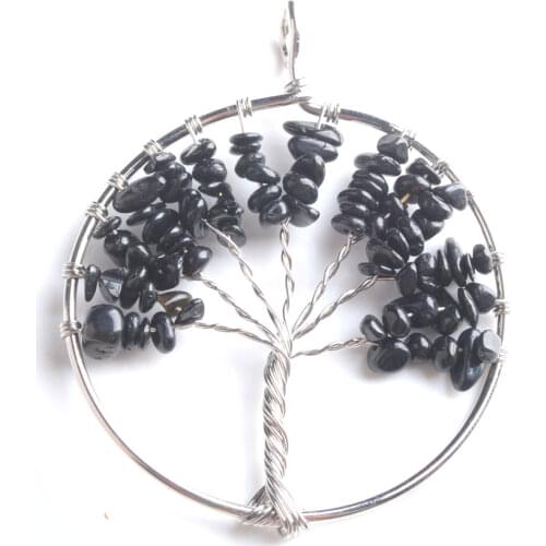 WOJIAER 52mm Handmade Black Quartz Natural Stone Round Whole Wrap The Tree Of Life Pendant PN3312
