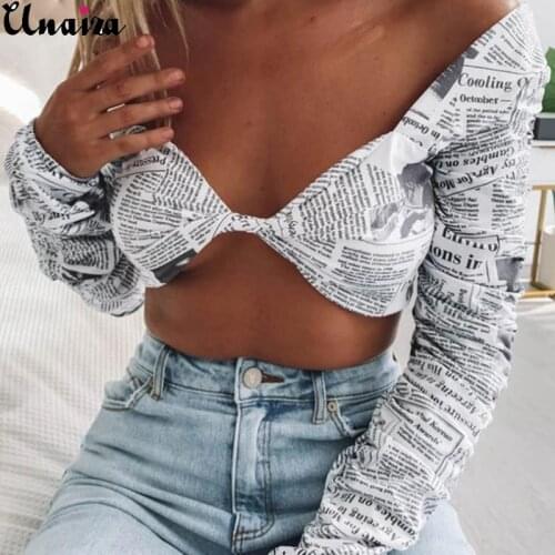 Unaiza 2021 New Womens T-shirt Summer Sexy Navel Open Back V-neck Long-Sleeved T-shirt Ultra-Short Milk Silk Printed T-shirt