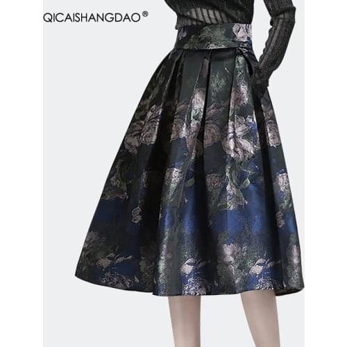 Mid-Length Skirt 2020 Autumn Winter New Fashion Pleated A-Line High Waist Jacquard Vintage Floral Women Elegant Umbrella Skirts