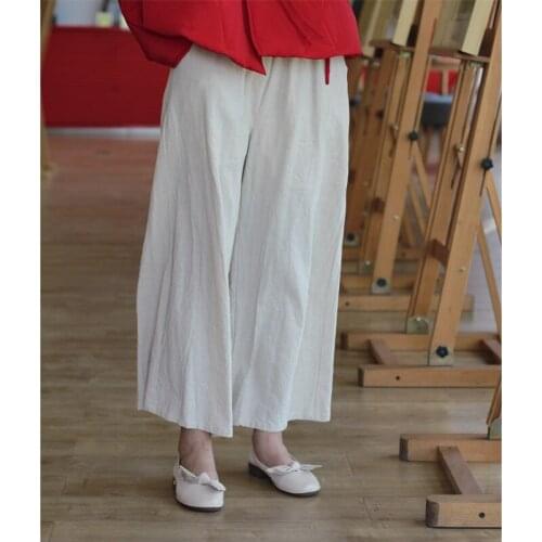 Women Autumn Solid Color Elastic Waist Wide Leg Pants Ladies Vintage Cotton Linen Trousers Female 2020 Pants