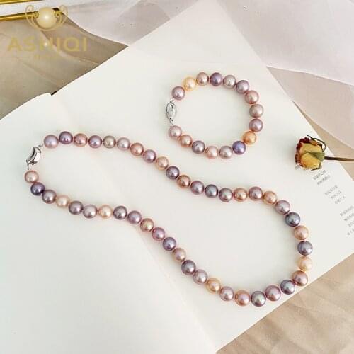ASHIQI Big Natural Freshwater Pearl Jewelry Set 925 Sterling Silver Mixed Color Necklace Bracelet for Women 2021 New