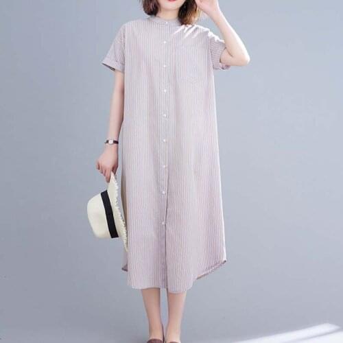New 2021 Summer Shirt Dresses Women Vintage Turndown Collar Short Sleeve Boho Dress Vintage Loose Striped Linen Dress Robe 4XL