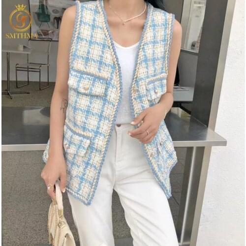 SMTHMA Women 2021 Fashion Single-Breasted Tweed Woolen Vest Vintage V Neck Sleeveless Female Vest Outerwear Chic Tops