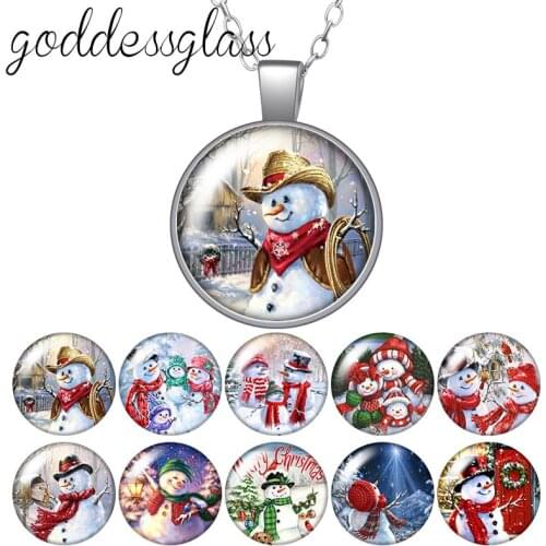 Winter Snowman Merry Christmas Gift Pendant Round Glass glass cabochon silver plated/Crystal pendant necklace jewelry for Gift