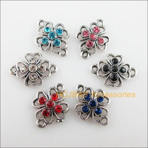 18Pcs Tibetan Silver Color Crystal Mixed Flower Charms Connectors 12.5x15mm