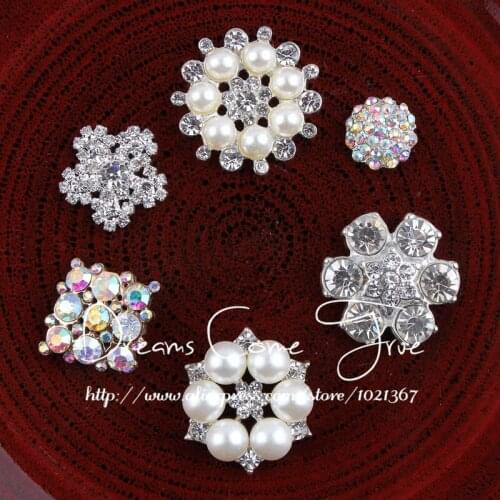 200pcs/lot) 6 Styles Newborn Clear Handmade Metal Rhinestone Pearl Buttons Artificial Alloy AB Crystal Flatback Wedding Button