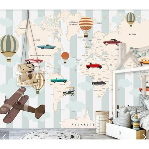 3D Carton Air Hot Balloons Airplane World Map Wallpaper Mural for Kids Room Children Bedroom Vintage Wall Papers Home Decor