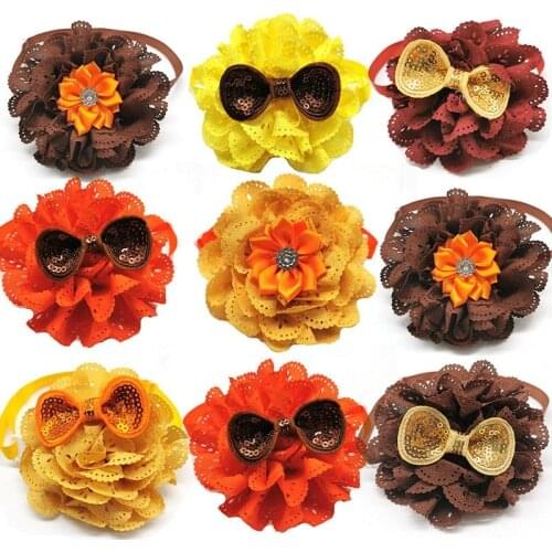 50pcs Thanksgiving Flower Style Bow Ties Adjustable Pet Collar Dog Bow Tie Necktie for Small Medium Dog Grooming Pet Acessories