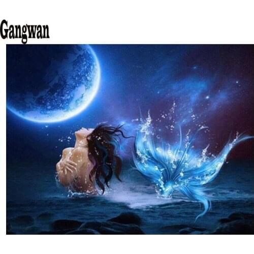 5D DIY Diamond Painting Full Square Round Diamond Painting blue Mermaid 3D Stitch Cross Rhinestones Mosaic Moon landscape decor