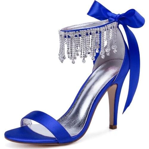 High Heels Crystals Tassel Wedding Sandals Shoes Women Open Toe Satin Ankle Strap Formal Party Summer Ladies Sandals