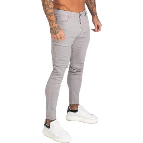 GINGTTO Denim Pants Men Skinny Slim Fit Grey Jeans for Men Hip Hop Ankle Tight Cut Closely to Body Big Size Stretch zm175