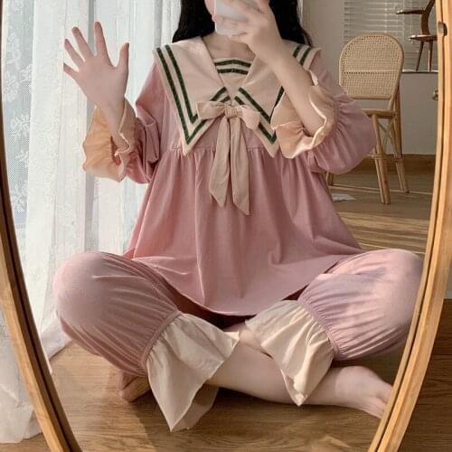 Elastic Long Pants Party Pajamas Autumn New Womens Long Sleeve Nightwear Set Loose Cotton Christmas Women Sleepwear Set