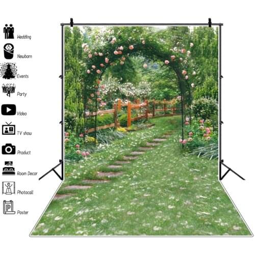 Spring Scenic Backdrops Garden Grassland Blooming Peogola Photography Backgrounds Baby Portrait Photocall Wedding Photophone