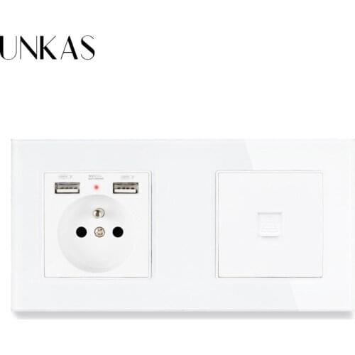 UNKAS French Standard Electric Socket with 2 USB Charge Port +1 Gang RJ11 Telephone Connector Tempered Glass Panel 172*86mm