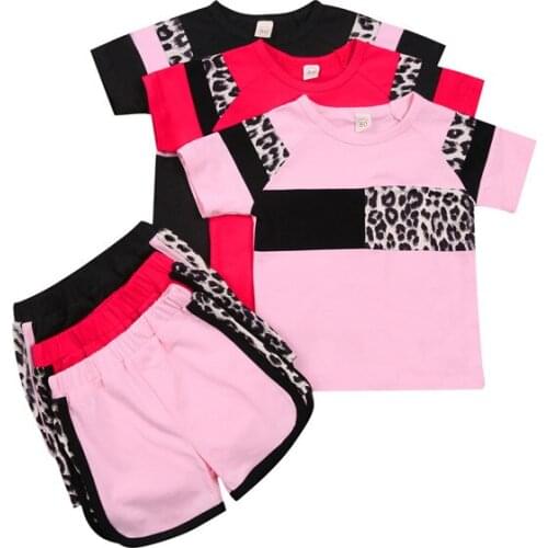 Cute 1-4Y Kids Baby Girl Summer Clothing Leopard Printed Short Sleeve O-neck T-shirt Top+Shorts Leopard Splice Holiday 2Pcs