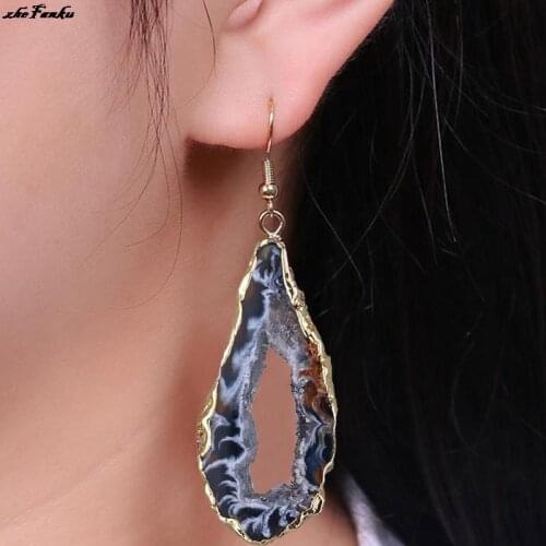 Classic Irregular Natural Black Brown Agates Stone Slice Drop Earring Gold/Silver Plated Elegant Long Earrings For Wome