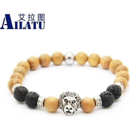 Ailatu Fashion Masculinas Natural Wood Beads Lion Head Bracelet Women Pulseras Hombre Bracciali Mens Elastic Bead Jewelry Gift