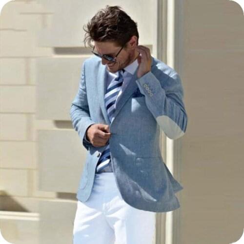 Blue Men Prom Suits Wedding Elbow Patches Groom Tuxedos Slim Terno Masculino Male Blazers 2Pieces Coat White Pants Costume Homme