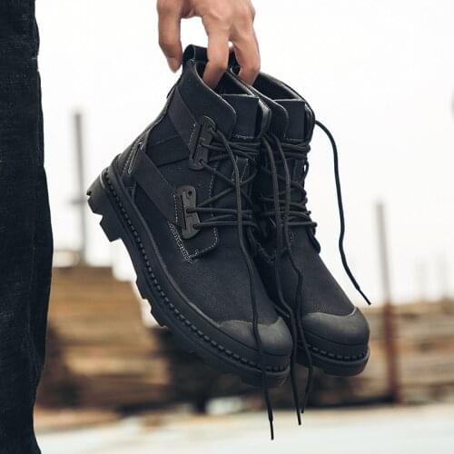 Mens Snow Boots Genuine Leather Chelsea Shoes Winter High-Top Martin Cotton Thickened Big Size Outdoor Fur Warm Hiking Camping