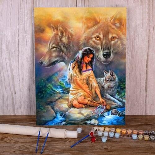 Indian Woman Wolf Animal DIY Paint By Numbers Kit Acrylic Paints 40*50 Canvas Pictures Decoration For Adults Art