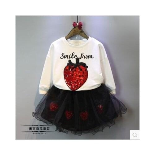 2017 New Baby Girl Lovely Strawberry Long Sleeve Shirt + Skirt Suit,kids Girls Fashion Skirts Suits Clothes Set