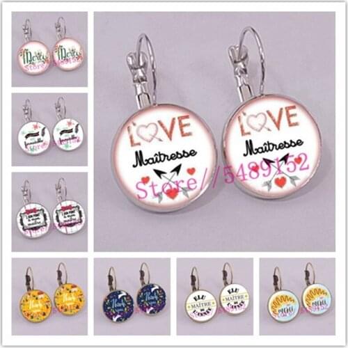 New teachers day gift earring jewelry thank you teacher cute pattern glass round charm earring Women Teachers Day Gift