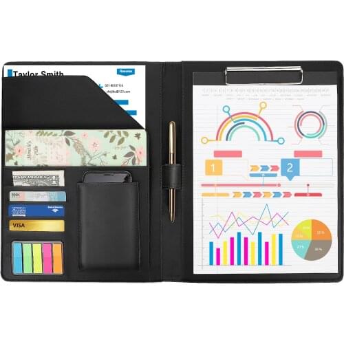 Portfolio Padfolio Folder,PU Leather Resume Conference Legal Document Organizer with A4 Size Clipboard, Business Card Holders