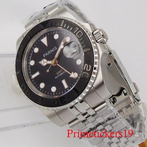 Parnis automatic GMT men wristwatch day indicator black dial 40mm stainless steel band sapphire crystal fashion watch