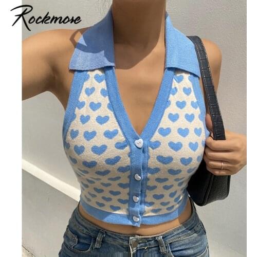 Rockmore Sexy Halter Knitted Crop Top Backless Deep V Neck Tank Top Harajuku Mujer Women Heart Print Mini Vests Y2K Summer 2021