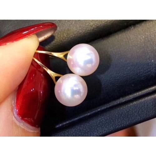 D505 Pearl Earrings Fine Jewelry Solid 18K Gold Round 7-8mm Nature Fresh Water Pink Overtone White Pearls Drop Earrings
