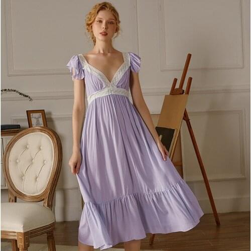 Vintage Nightgown Women Cotton Sleepwear Lace V Neck Flying Sleeve Peignoir Negligee Cottagecore Fairy Sleeping Dress Night Wear