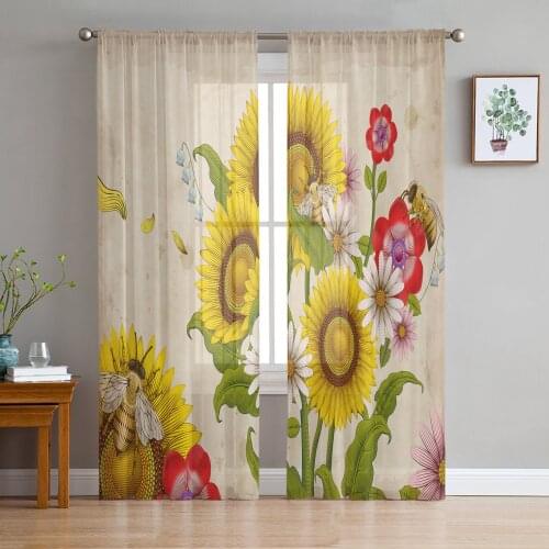 Bee Sunflower Vintage Sheer Curtains for Living Room Bedroom Kitchen Tulle for Windows Voile Yarn Curtains for Bedroom