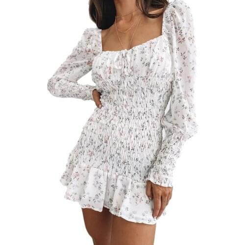 Dresses For Women 2021 Floral Print Square Neck Backless Ruffle Loose Hem Long Sleeve Sexy Party Mini Dress vestidos de mujer