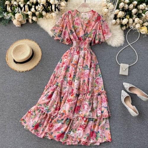 V-Neck Slim Floral Midi Dresses For Women Summer 2021 Ruched Dress Women Casual Beach Elegant Pink Short-Sleeve Fairy Dresses