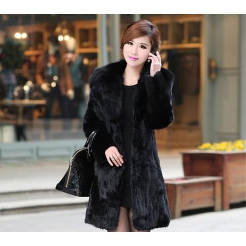 Faux Coat Women Rabbit Fur Jacets Female Thick Warm Overcoat Fox Furs Collar Coats Black Jacket Plus Size 5XL WXF036