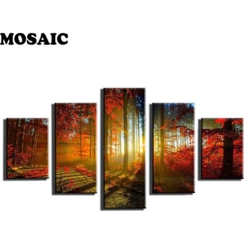 5pcs Diamond Embroidery Forest Sunset Sunlight Autumn Red tree diamond Painting Full Square/Round Drill Mosaic cross stitch kits