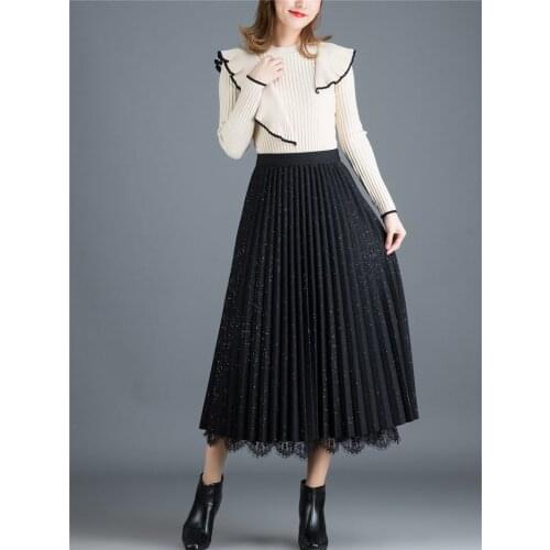 Sequins Reversible Skirt Womens Mid-Length A-Line All-Match High-Waist Pleated Skirt Autumn And Winter New Gauze Faldas Y806